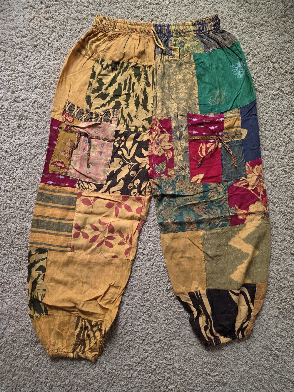 Patchwork Boho Elastic-Waist Pants — Multicolor